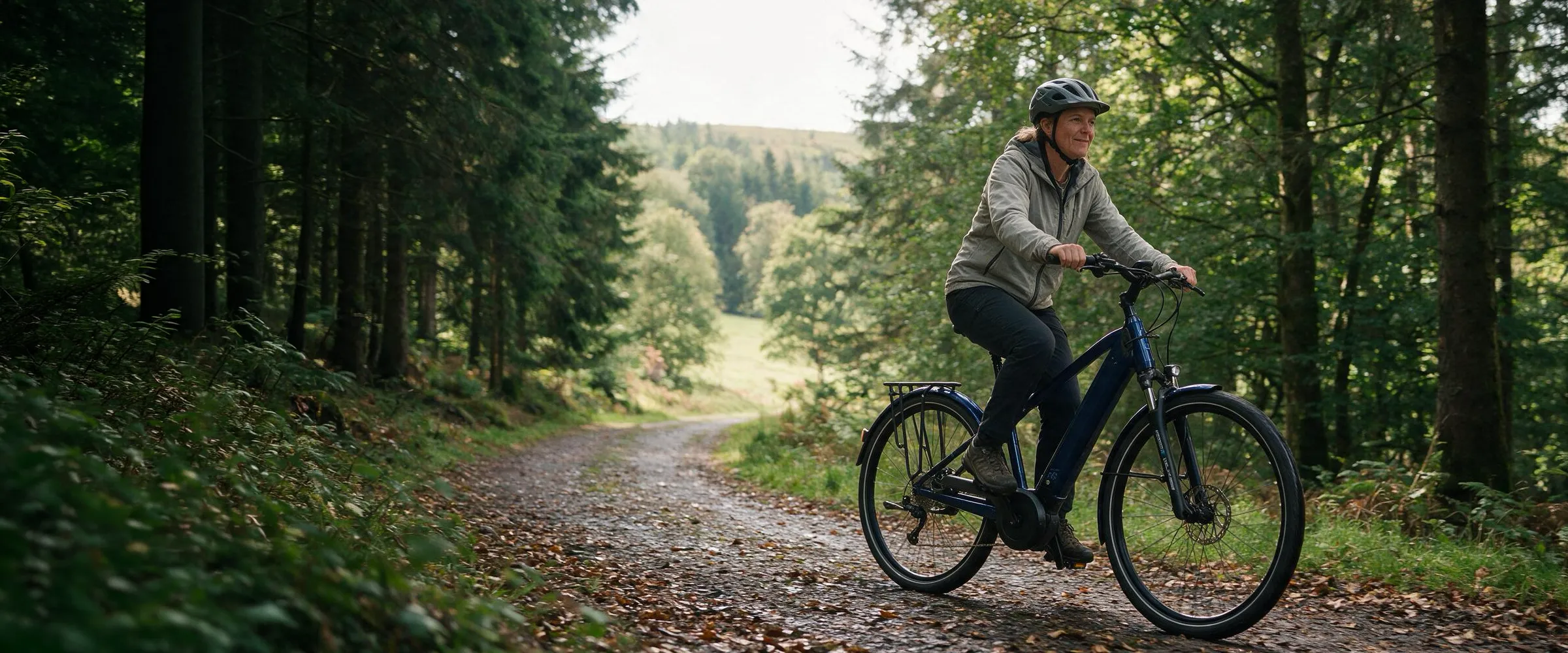 Cyclist at a scenic hilltop viewpoint